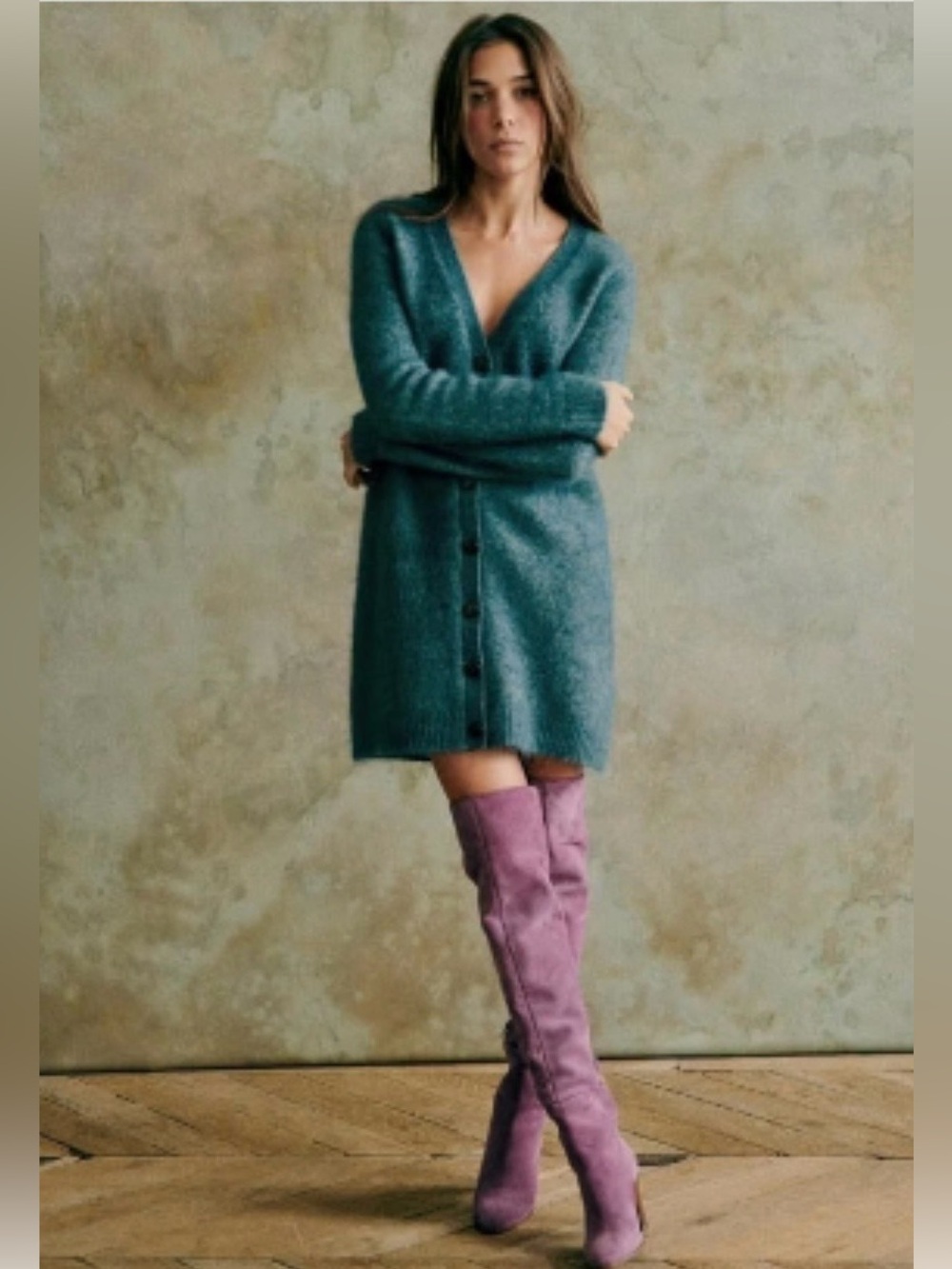 Sézane Cozy Green V-Neck Button Sweater Tunic